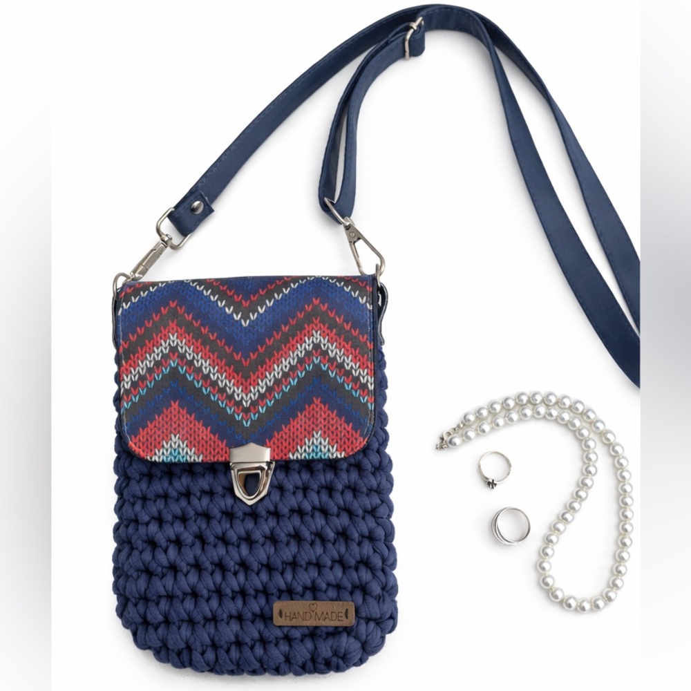 Handmade Navy and Multicolor Chevron Crossbody Bag